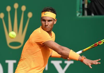 Rafael Nadal of Spain returns a ball Aljaz Bedene of Slovenia during the Monte-Carlo ATP Masters Series Tournament, on April 18, 2018 in Monaco.   / AFP PHOTO / YANN COATSALIOU