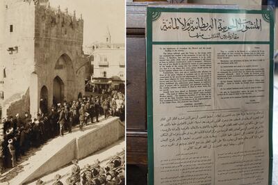 Left: The proclamation of martial law delivered by General Allenby in Jerusalem in 1917. Right: The original poster recording what was said, which was acquired by Nabil Najjar's father, Abed. Alamy / Rob Greig for The National