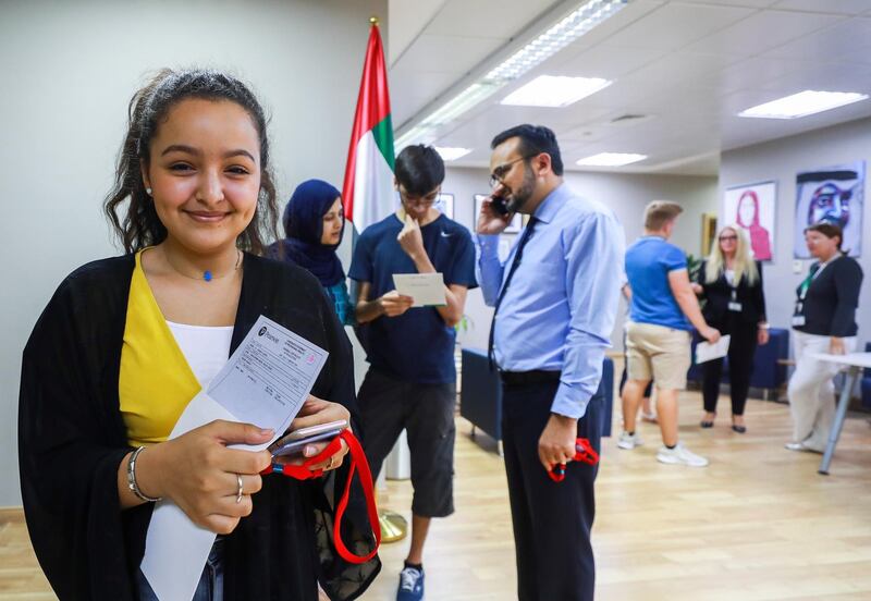 Abu Dhabi, U.A.E., August 16 , 2018. Pupils receiving their A level results at Al Yasmina Academy.  Muzna Abdulrhaman apparently happy with her results.
Victor Besa / The National
Section:  NA
Reporter:  Anam Rizvi