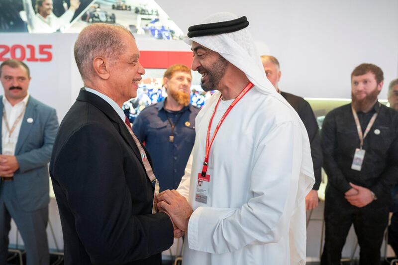 YAS ISLAND, ABU DHABI, UNITED ARAB EMIRATES - December 01, 2019: HH Sheikh Mohamed bin Zayed Al Nahyan, Crown Prince of Abu Dhabi and Deputy Supreme Commander of the UAE Armed Forces (R), greets HE James Alix Michel, former President of Seychelles (L) at Shams Tower during the Formula 1 2019 Etihad Airways Abu Dhabi Grand Prix at Yas Marina Circuit. 

( Hamad Al Kaabi  / Ministry of Presidential Affairs )
---