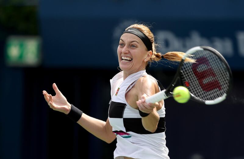 DUBAI, UNITED ARAB EMIRATES - FEBRUARY 19: Petra Kvitova of the Czech Republic plays a forehand in her match against Katerina Siniakova of the Czech Republic during day three of the WTA Dubai Duty Free Tennis Championships at Dubai Tennis Stadium on February 19, 2019 in Dubai, United Arab Emirates. (Photo by Francois Nel/Getty Images)
