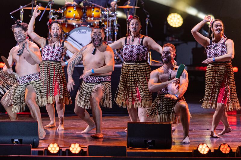 Members of Ngati Ranana join Six60 on stage during Sounds of Aotearoa at the Jubilee Stage.