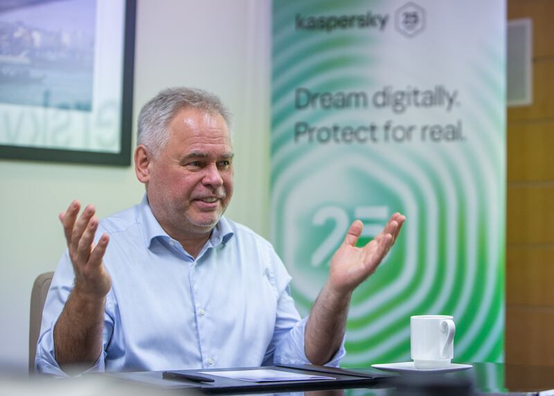 Eugene Kaspersky, chief executive of Kaspersky Lab, talks to 'The National' at Gitex Technology Week in Dubai. Leslie Pableo / The National