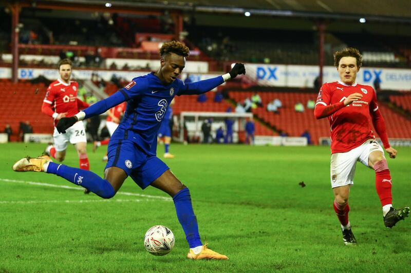 BARNSLEY, ENGLAND - FEBRUARY 11:  Tammy Abraham of Chelsea uring The Emirates FA Cup Fifth Round match between Barnsley and Chelsea at Oakwell Stadium on February 11, 2021 in Barnsley, England. Sporting stadiums around the UK remain under strict restrictions due to the Coronavirus Pandemic as Government social distancing laws prohibit fans inside venues resulting in games being played behind closed doors. (Photo by Robbie Jay Barratt - AMA/Getty Images)