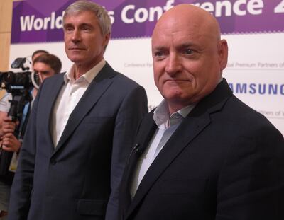 Veteran astronauts Sergei Krikalev, left, and Scott Kelly at the WorldSkills Kazan 2019 conference last month. James Langton / The National