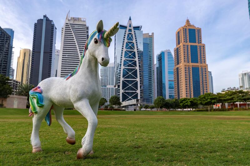 Dubai, United Arab Emirates - April 18, 2019: Photo project. A giant unicorn located at JLT. The Propshop has the largest inventory of quality event props in the UAE, individually hand cast and hand painted. 2019. Dubai. Chris Whiteoak / The National