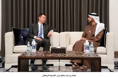   Sheikh Abdullah bin Zayed receives British Foreign Minister Jeremy Hunt. Saeed Jumoh / WAM