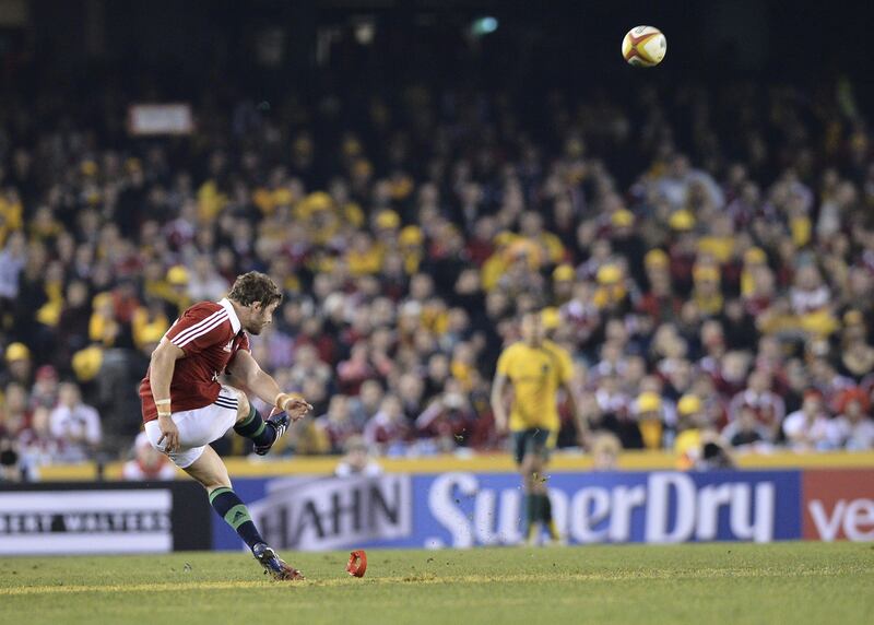 Leigh Halfpennyof the Lions takes a penalty kick to lose the second rugby test between the British and Irish Lions and the Australian Wallabies in Melbourne on June 29, 2013. Australia won the match 16-15.  IMAGE RESTRICTED TO EDITORIAL USE - STRICTLY NO COMMERCIAL USE  AFP PHOTO / Paul CROCK
 *** Local Caption ***  453852-01-08.jpg