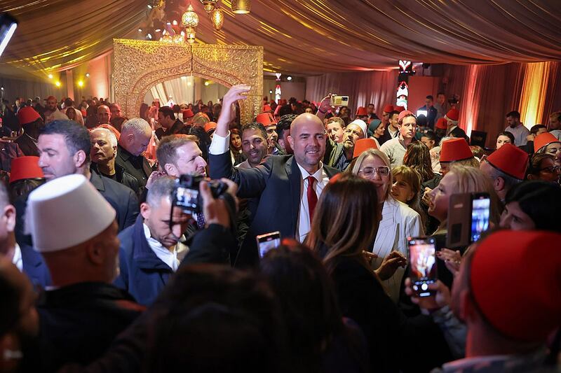 Knesset Speaker Amir Ohana (center) celebrates Mimouna, a traditional Maghrebi Jewish event at the Knesset Plaza in Jerusalem. Photo: Knesset