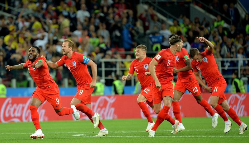 epa06862514 Players of England celebrate winning the FIFA World Cup 2018 round of 16 soccer match between Colombia and England in Moscow, Russia, 03 July 2018.

(RESTRICTIONS APPLY: Editorial Use Only, not used in association with any commercial entity - Images must not be used in any form of alert service or push service of any kind including via mobile alert services, downloads to mobile devices or MMS messaging - Images must appear as still images and must not emulate match action video footage - No alteration is made to, and no text or image is superimposed over, any published image which: (a) intentionally obscures or removes a sponsor identification image; or (b) adds or overlays the commercial identification of any third party which is not officially associated with the FIFA World Cup)  EPA/PETER POWELL   EDITORIAL USE ONLY