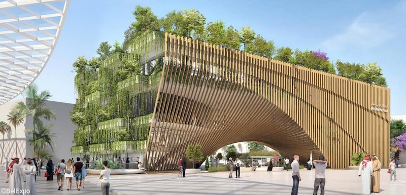 The Belgium pavilion at Expo 2020 Dubai includes a hanging garden of plants designed to absorb carbon and release oxygen, and to render the building carbon-neutral. Photo: Expo 2020 Dubai