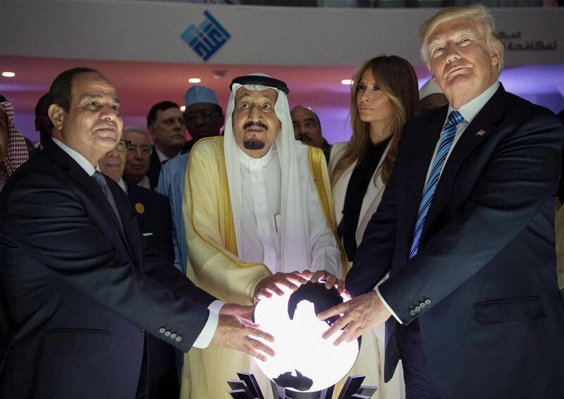 Donald Trump, Melania Trump, King Salman of Saudi Arabia and Egyptian president Abdel Fattah el Sisi opening the World Center for Countering Extremist Thought in Riyadh. EPA