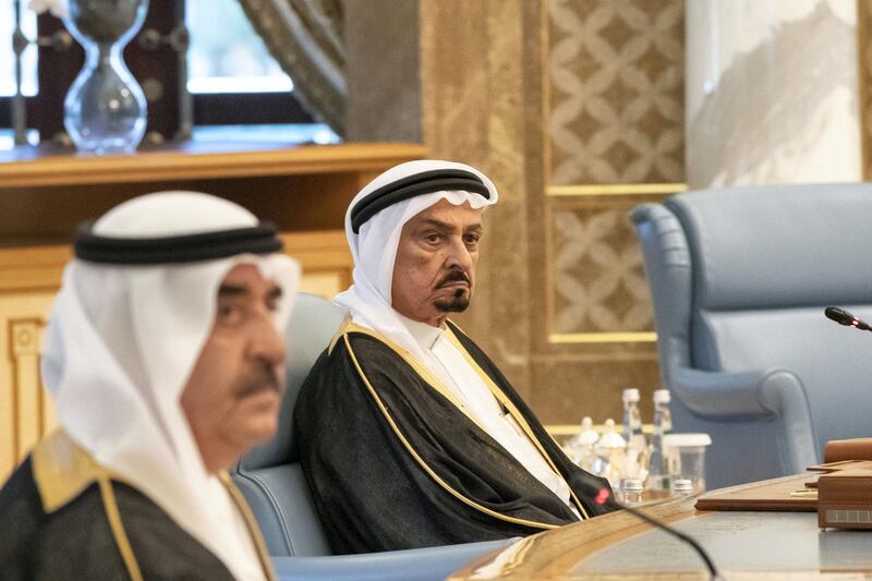 ABU DHABI, UNITED ARAB EMIRATES - December 02, 2018: HH Sheikh Humaid bin Rashid Al Nuaimi, UAE Supreme Council Member and Ruler of Ajman (R), attends the Federal Supreme Council meeting at the Presidential Palace.

( Rashed Al Mansoori / Ministry of Presidential Affairs )
---