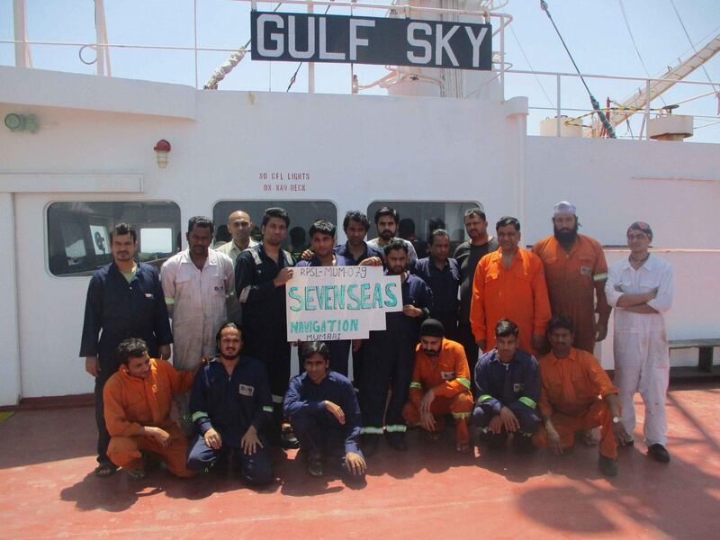 The crew of the MT Gulf Sky pictured in June 2020. The men were already stranded on the ship due to a court action when the vessel was hijacked by gunmen linked to the Iranian regime. They were sailed to Iran before being released and flown home to India. Courtesy: Human Rights At Sea