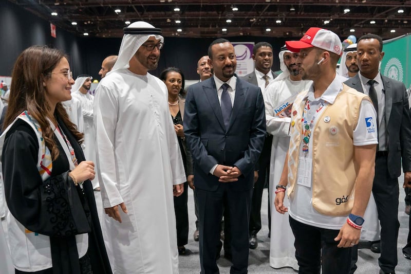 ABU DHABI, UNITED ARAB EMIRATES - March 18, 2019: HH Sheikh Mohamed bin Zayed Al Nahyan, Crown Prince of Abu Dhabi and Deputy Supreme Commander of the UAE Armed Forces (2nd L) and HE Abiy Ahmed, Prime Minister of Ethiopia (3rd L), tour the Special Olympics World Games Abu Dhabi 2019, at Abu Dhabi National Exhibition Centre (ADNEC).

( Ryan Carter / Ministry of Presidential Affairs )?
---
