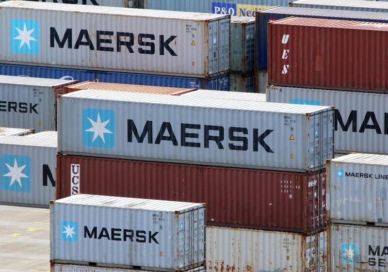 epa08999026 (FILE) - Containers of Maersk shipping line at the Jade Weser Port in Wilhelmshaven, northern Germany, 02 July 2017 (re-issued 09 February 2021)  July 2018). Maersk, the largest shipping company in the world,is due to publish its annual report for financial year 2020 on 10 February 2021.  EPA/FOCKE STRANGMANN *** Local Caption *** 54508588