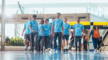 Erling Haaland, Rodrigo, Nathan Ake, Phil Foden, Ederson, Jack Grealish, Kevin De Bruyne and Bernardo Silva of Manchester City during an Etihad Player Appearance day at Abu Dhabi International Airport on January 23, 2024 in Abu Dhabi, United Arab Emirates. (Photo by Tom Flathers/Manchester City FC)