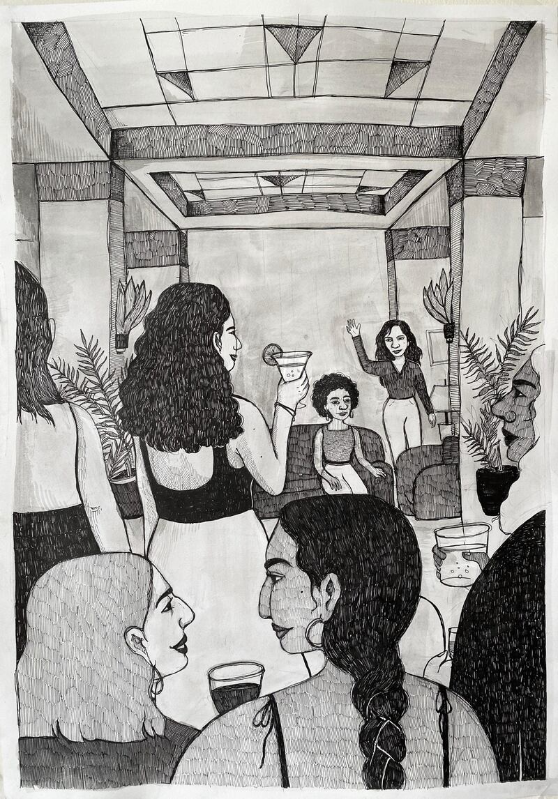 Rama Duwaji's 'Nights', depicting members socialising inside the club. Courtesy the artist and The Arts Club Dubai