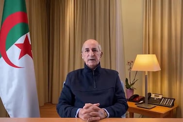 A still image from a video published on the personal Twitter account of Algeria's President Abdelmadjid Tebboune as he delivers a speech. Twitter / Handout / AFP Photo