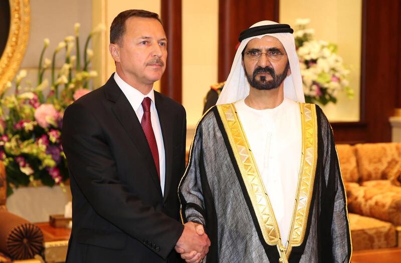 Sheikh Mohammed, the Vice President and Prime Minister of the UAE and Ruler of Dubai, receives the then newly accredited Russian ambassador, Alexander Efimov, at Al Mushrif Palace in Abu Dhabi, on August 7, 2013. Wam



 

 

