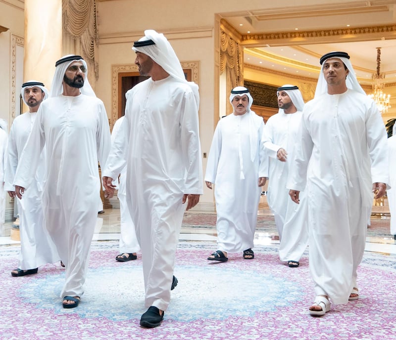 ABU DHABI, UNITED ARAB EMIRATES - September 02, 2019: HH Sheikh Mohamed bin Zayed Al Nahyan, Crown Prince of Abu Dhabi and Deputy Supreme Commander of the UAE Armed Forces (C) receives HH Sheikh Mohamed bin Rashid Al Maktoum, Vice-President, Prime Minister of the UAE, Ruler of Dubai and Minister of Defence (L), during Sea Palace barza. Seen with HH Sheikh Mansour bin Zayed Al Nahyan, UAE Deputy Prime Minister and Minister of Presidential Affairs (R).

( Rashed Al Mansoori / Ministry of Presidential Affairs )
---