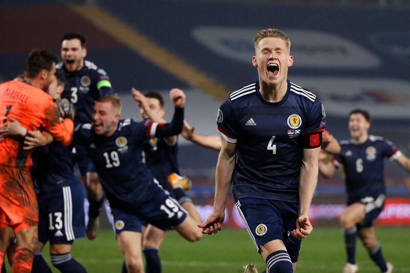 Scotland celebrate their penalty shootout victory against Serbia  in Belgrade that sees them qualify for Euro 2020 - their first major finals since 1998. Getty