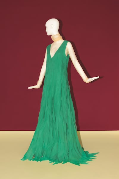 Tiziano Guardini's gown made of ahimsa, or non-violent, silk at Museo Salvatore Ferragamo