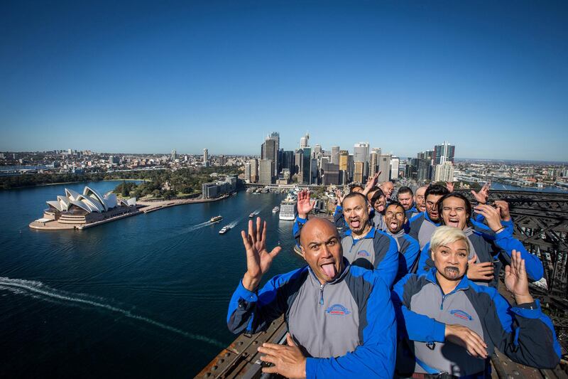 The traditional New Zealand Haka is performed for the first time on top of the Sydney Harbour Bridge in Australia by mental health charity Haka for Life in aid of mental health awareness. Bridgeclimb Sydney / handout via Reuters.
