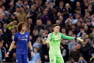 Chelsea goalkeeper Kepa Arrizabalaga, right, with David Luiz, has not been told if he is playing on Wednesday or not yet. AP Photo
