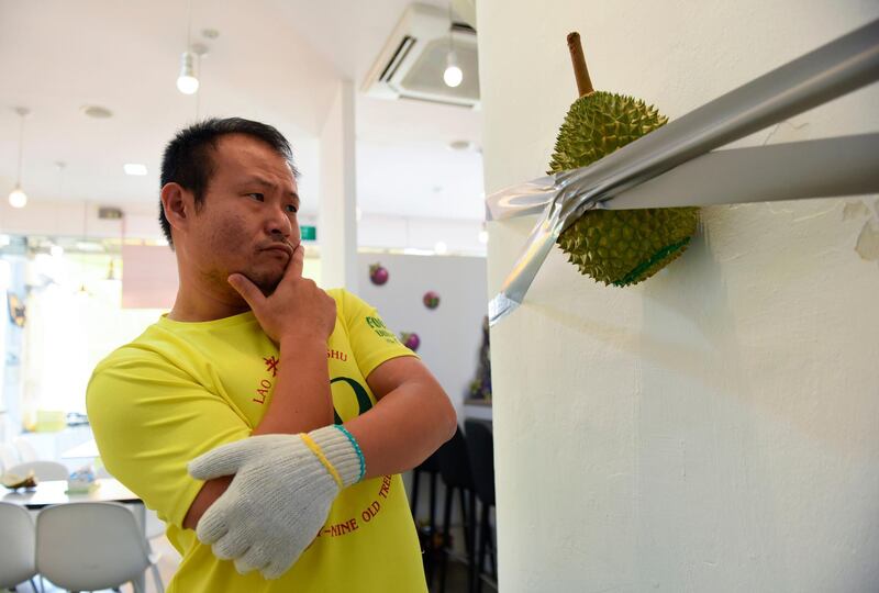 Singaporean Kelvin Tan, the co-owner of 99 Old Trees, a durian shop in Singapore, poses with his parody of Marizio Cattelan's $120,000 Banana artwork Comedian. Durian is a foul-smelling fruit.  AFP