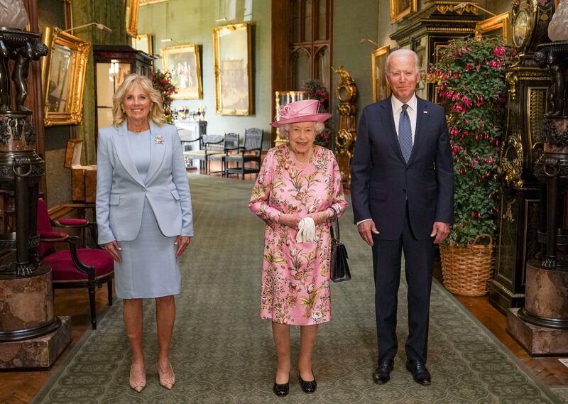 Queen Elizabeth with the Bidens at Windsor Castle. Getty Images