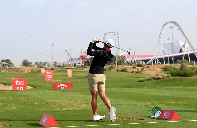 Collin Morikawa on the driving range during a practice round prior to the Abu Dhabi HSBC Championship at Yas Links. Getty Images