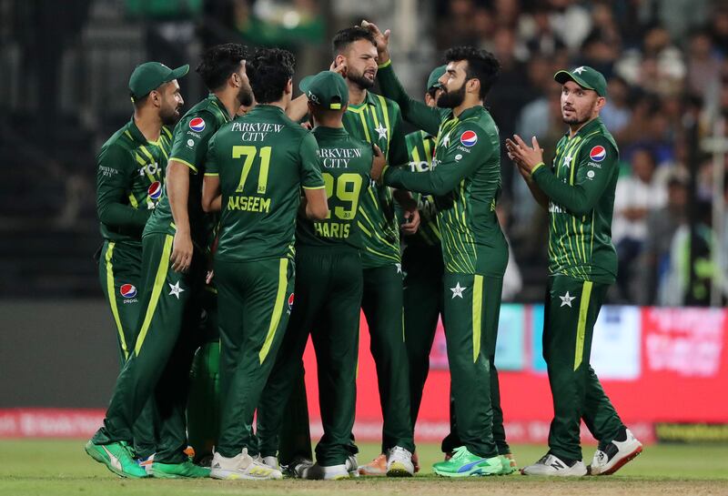 Pakistan bowler Ihsanullah celebrates the wicket of Afghanistan's Ibrahim Zadran in the third match of their T20 series at Sharjah Cricket Stadium on March 27, 2023. All pictures Chris Whiteoak / The National