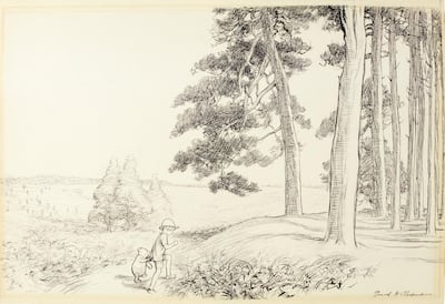 Pooh and Christopher Robin in "an enchanted place on the very top of the forest" by EH Shepard: estimate £70,000-90,000
