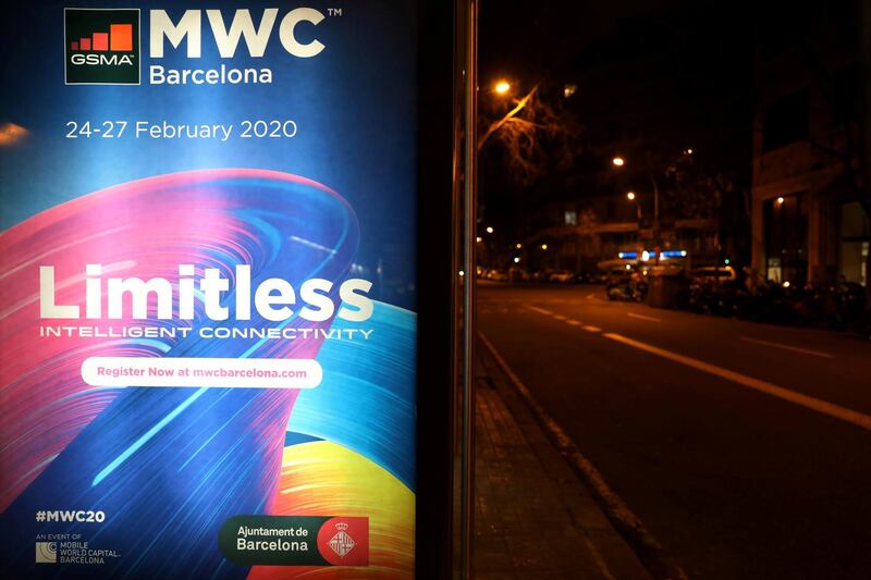 A banner of MWC20 (Mobile World Congress) is pictured at a bus stop along a street in Barcelona, Spain February 12, 2020. REUTERS/Nacho Doce     TPX IMAGES OF THE DAY