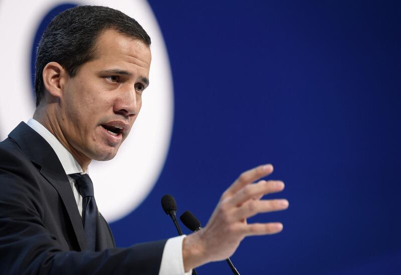 Venezuelan opposition leader Juan Guaido addresses the World Economic Forum (WEF) annual meeting in Davos, on January 23, 2020.  / AFP / FABRICE COFFRINI
