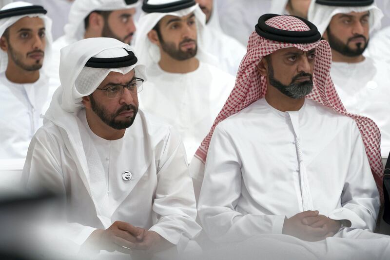 ABU DHABI, UNITED ARAB EMIRATES - May 20, 2019: HH Sheikh Hamdan bin Zayed Al Nahyan, Ruler’s Representative in Al Dhafra Region (L) and HH Sheikh Ammar bin Humaid Al Nuaimi, Crown Prince of Ajman (R), attends a lecture by James Mattis, Former US Secretary of Defense (not shown), titled: 'The Value of the UAE - US Strategic Relationship', at Majlis Mohamed bin Zayed.

( Eissa Al Hammadi for the Ministry of Presidential Affairs )
---