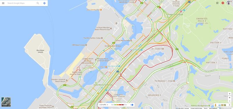 Drivers are reporting gridlock around Jumeirah Lakes Towers. Google Maps