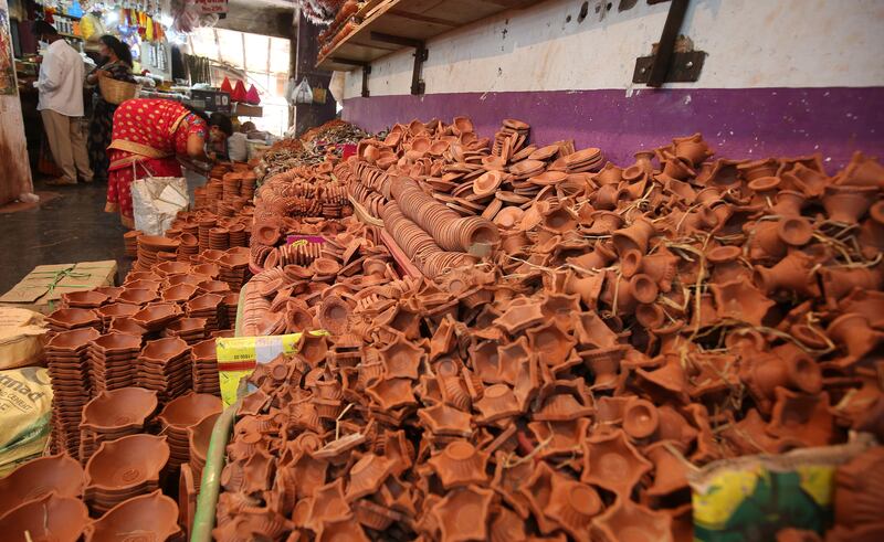 A shop selling earthen lamps in Bengaluru. EPA