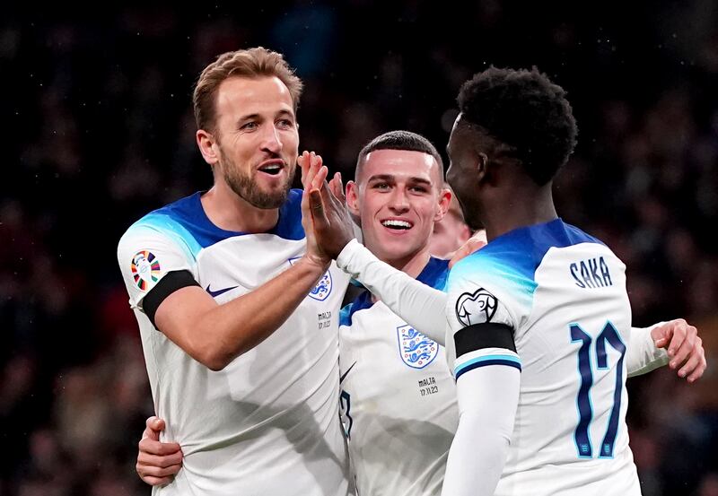 Harry Kane, left. celebrates after scoring their England's second goal in their Euro 2024 qualifer against Malta at Wembley Stadiumon November 17, 2023. PA