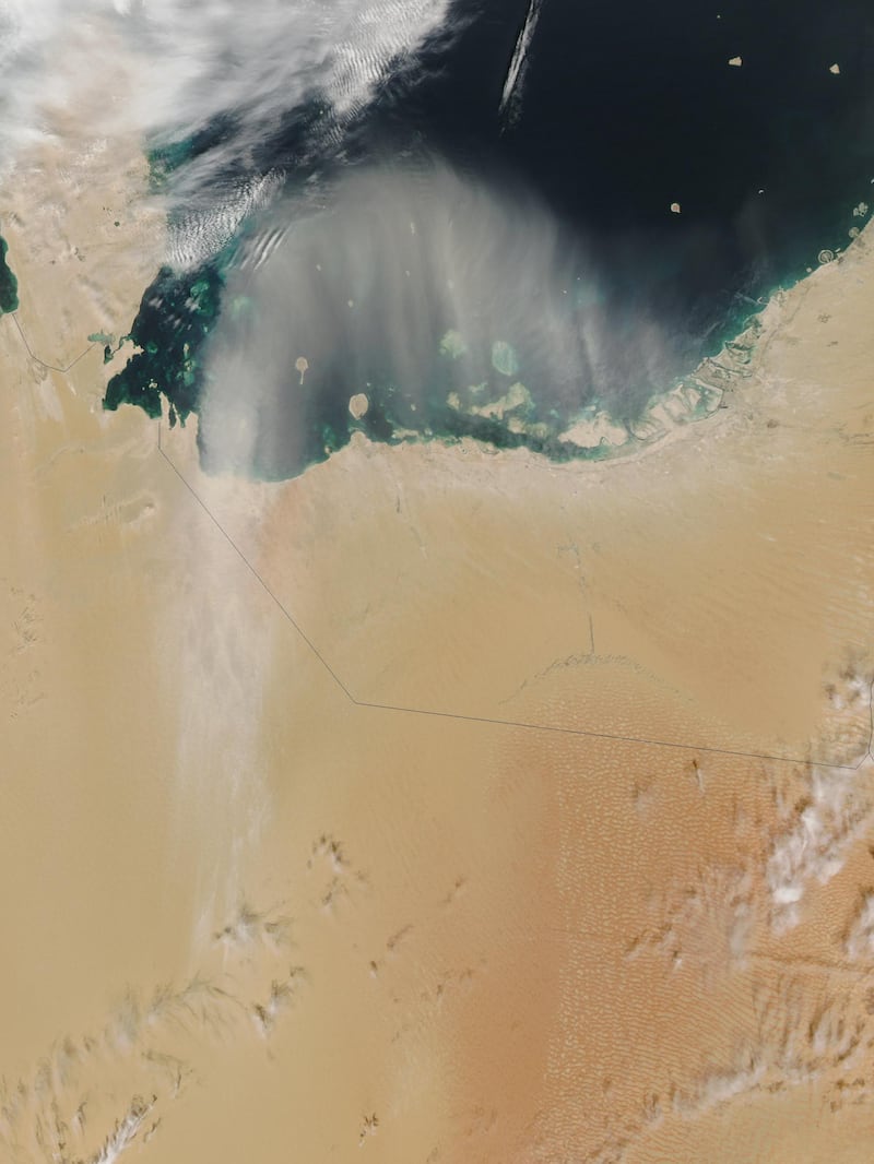 Dust blows over the Arabian Gulf in 2013. The UAE is on the right side of this image and Saudi Arabia is on the left. Nasa’s Earth Observatory