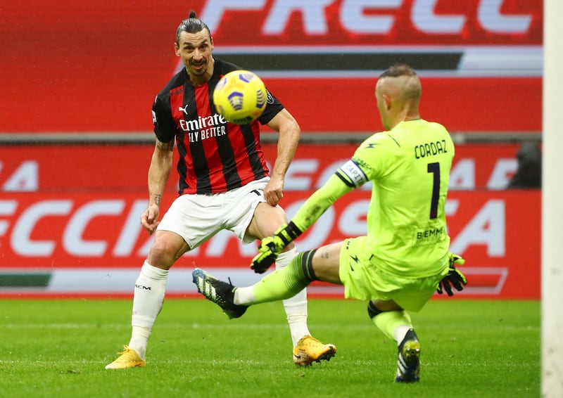 Zlatan Ibrahimovic scores Milan's first goal past Crotone goalkeeper Alex Cordaz. Getty