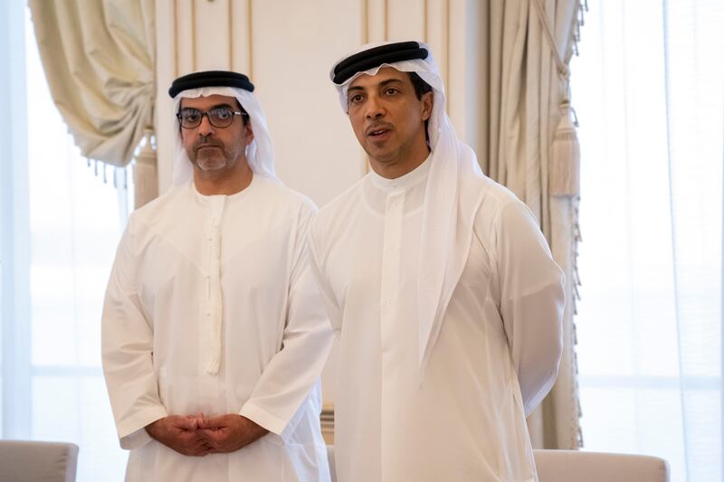 Sheikh Mansour bin Zayed, Deputy Prime Minister and Minister of Presidential Affairs, and Sheikh Hamed bin Zayed, managing director of the Abu Dhabi Investment Authority, at the Sea Palace barza.
