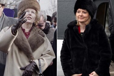 (COMBO) This combination of pictures created on September 1, 2022 shows then British Prime Minister Margaret Thatcher (L) visiting Trinity St Sergius monastery in Zagorsk, 70 kms northeast of Moscow, on March 29, 1987 and British Foreign Secretary Liz Truss arriving to visit the Holodomor Monument at the National Museum of the Holodomor-Genocidein Kyiv on February 17, 2022.  - Liz Truss and Rishi Sunak have fought hard to be seen as the true heir to Margaret Thatcher in their battle to become the next UK prime minister.  (Photo by Daniel JANIN and Antonio BRONIC  /  AFP)