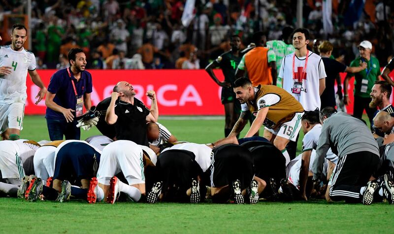 Algeria's players celebrate after Riyad Mahrez's late winner sent them through to Friday's Africa Cup of Nations final, where they will face Senegal. AFP