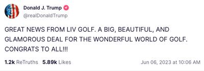 Donald Trump posts on Truth Social after LIV-PGA merger. Photo: Screengrab