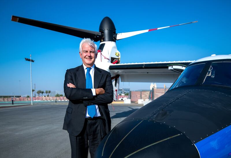 Alessandro Profumo, CEO of Leonardo at the Expo 2020 Dubai helicopter terminal with the AW609 TiltRotor aircraft. Victor Besa/The National.