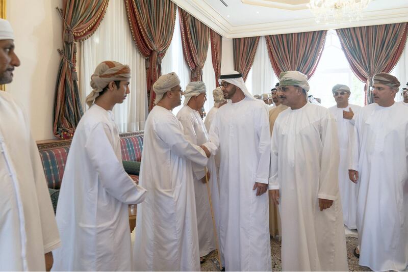 MUSCAT, OMAN - December 12, 2019: HH Sheikh Mohamed bin Zayed Al Nahyan, Crown Prince of Abu Dhabi and Deputy Supreme Commander of the UAE Armed Forces (C), offers condolences on the death of Muhammad Abdullah bin Ali Al Araimi. 

( Mohamed Al Hammadi / Ministry of Presidential Affairs )
---