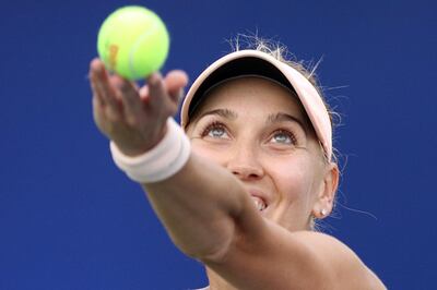 epa06550227 Elena Vesnina of Russia prepares to serve against Jelena Ostapenko of Latvia at the WTA Dubai Duty Free Tennis Championships in Dubai, United Arab Emirates, 21 February 2018.  EPA/MAHMOUD KHALED