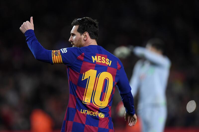 BARCELONA, SPAIN - MARCH 07: Lionel Messi of FC Barcelona celebrates after scoring his team's first goal  during the La Liga match between FC Barcelona and Real Sociedad at Camp Nou on March 07, 2020 in Barcelona, Spain. (Photo by Alex Caparros/Getty Images)